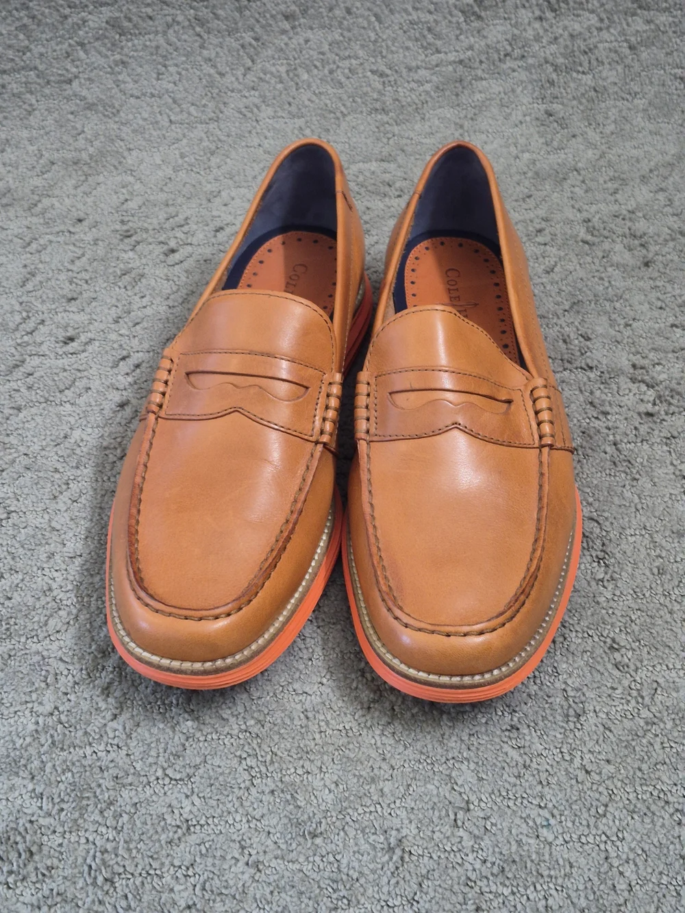 Cole Haan Men's Tan Leather Penny Loafers with Orange Sole